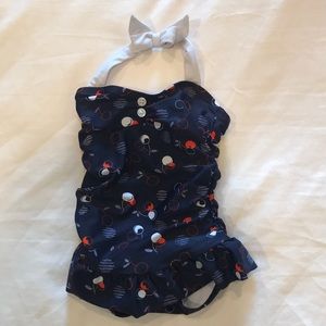 Girls Navy Cherry Pleated Bathing Suit